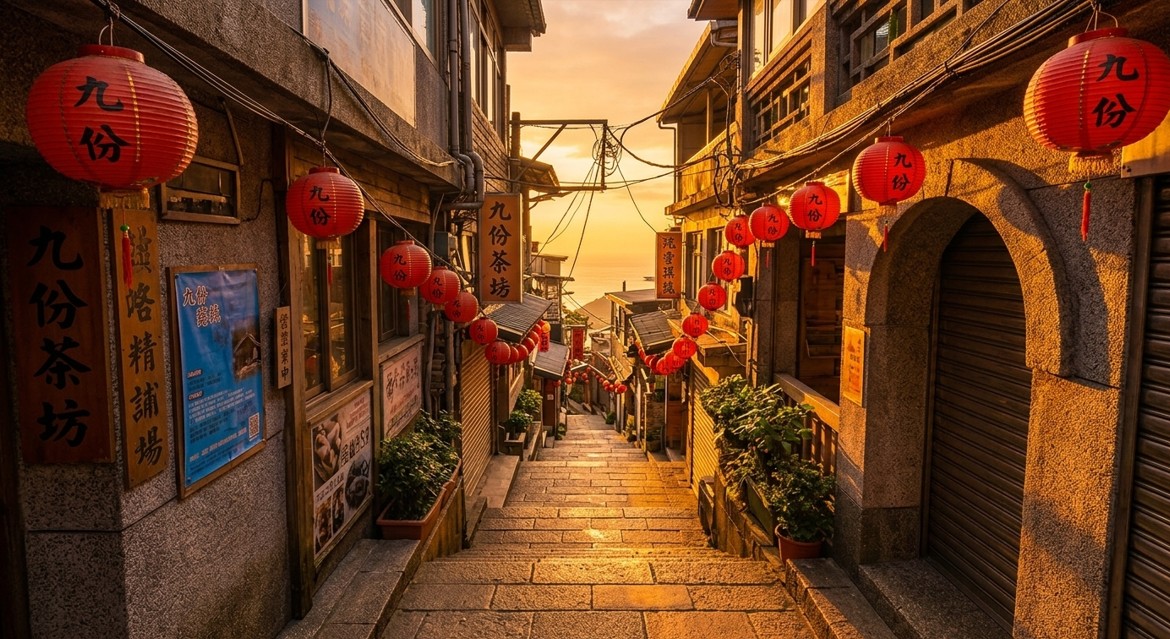 Red lanterns over Jiufen Old Street's stone-paved alley at golden hour