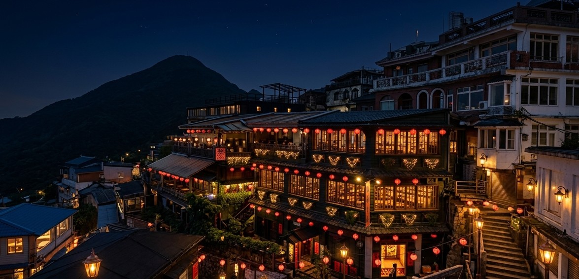 Panorama of Jiufen's lantern-lit teahouses at night beneath Keelung Mountain