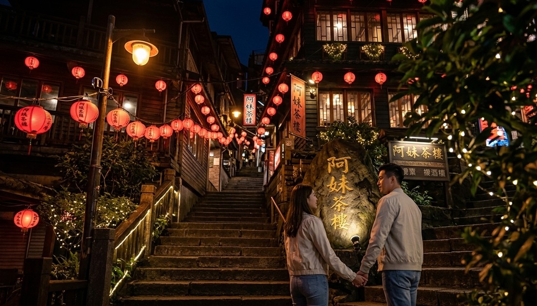 A couple on the red-lantern stairway by A-Mei Tea House at night in Jiufen