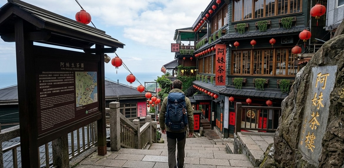A traveler with a backpack arriving at Jiufen Old Street by A-Mei Tea House