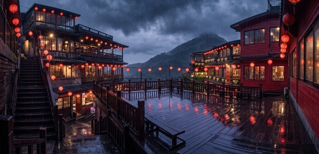 Rain-soaked teahouse terrace reflecting red lanterns at dusk in Jiufen