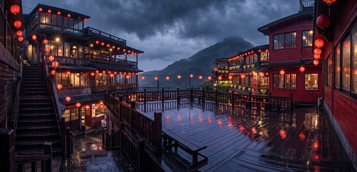 Rain-soaked teahouse terrace reflecting red lanterns at dusk in Jiufen
