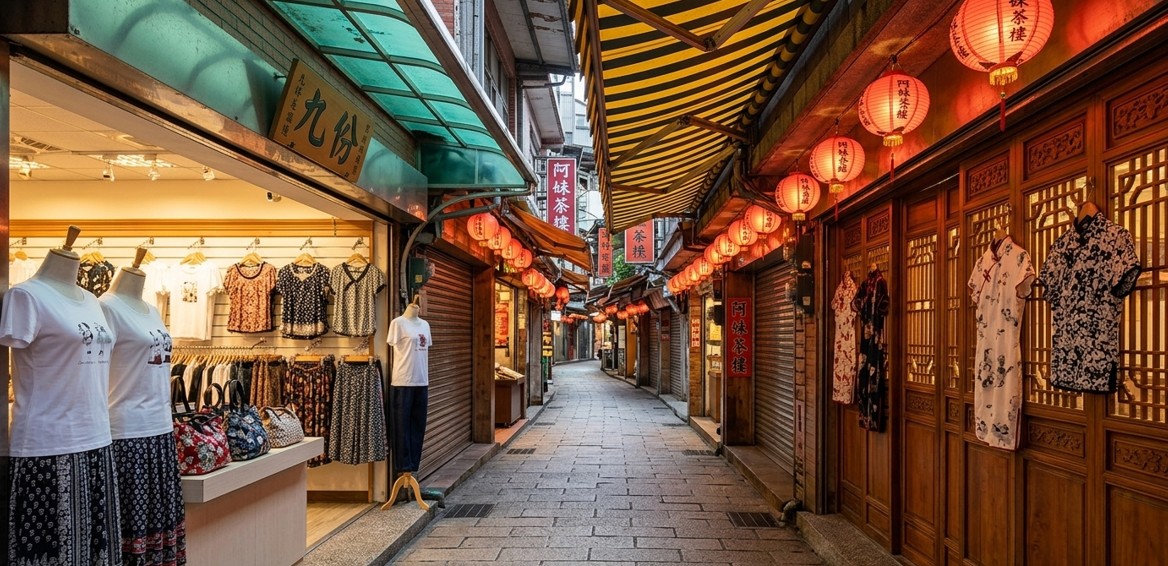Shops and red lanterns lining a covered alley on Jiufen Old Street