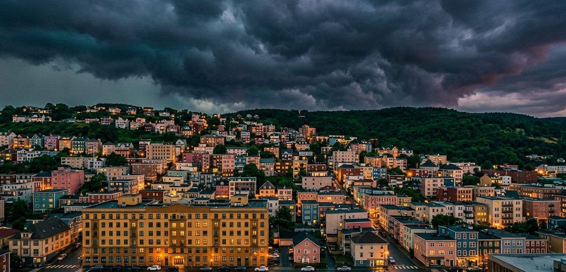 Dark storm clouds gathering over Jiufen's hillside town
