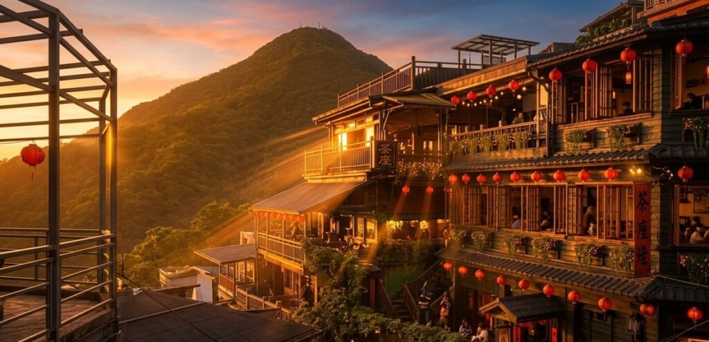 A-Mei Tea House and Jiufen's terraces in golden sunset light