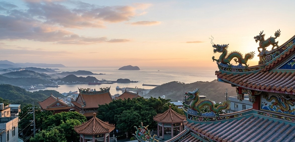Temple dragon ridge framing Jiufen's coastline and bay at sunset