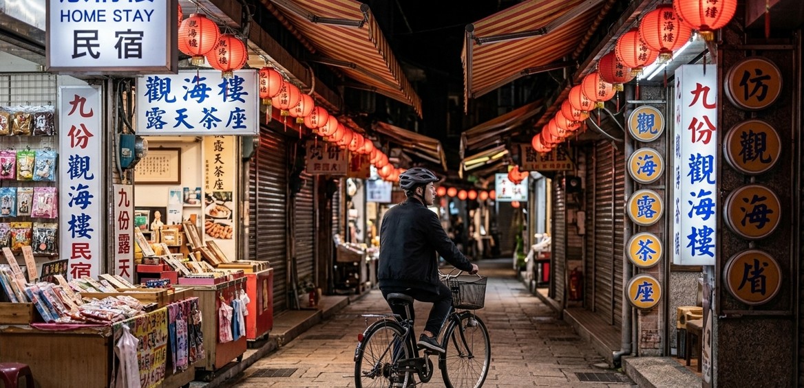Covered market lane in Jiufen with home-stay and teahouse signs