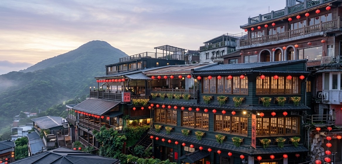 The iconic A-Mei Tea House glowing with red lanterns at dusk