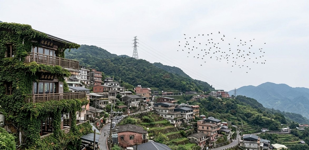 Jiufen's green hillside houses under an overcast sky