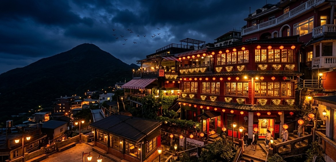 A-Mei Tea House aglow with red lanterns on a Jiufen evening
